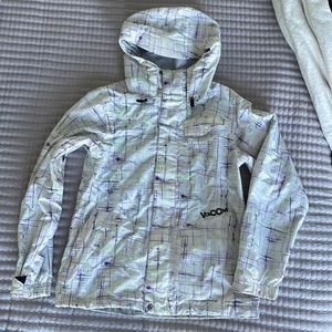 Volcom ski jacket white with green and purple geometric line design